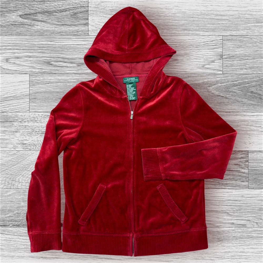 Lauren Ralph Lauren Petite Red Velour Zip Up Hoodie Women's Small Y2K Sweatshirt